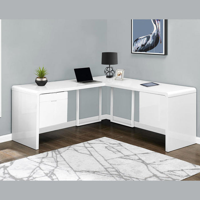 Monarch Specialties I 7582 | Meuble d'ordinateur - 70" - En coin - Conception en L - Configuration réversible - Avec tiroirs - Fini blanc lustré-SONXPLUS Victoriaville